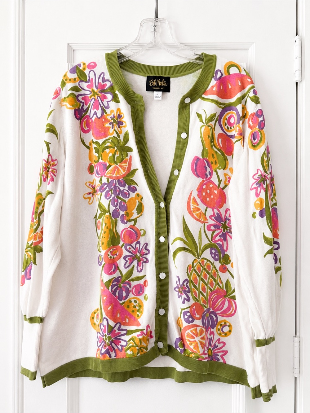 Bob Mackie White Cardigan with Pink, Purple, Green & Orange Floral Fruit Print
